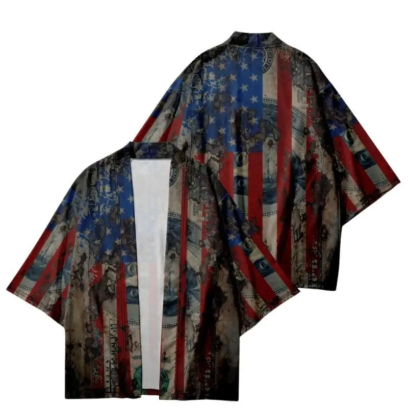 Men's American Flag Kimono Adult Summer US Flag Print Shirt Beach Cover Clothes Three Quarter Sleeve Casual Open Front Cardigan