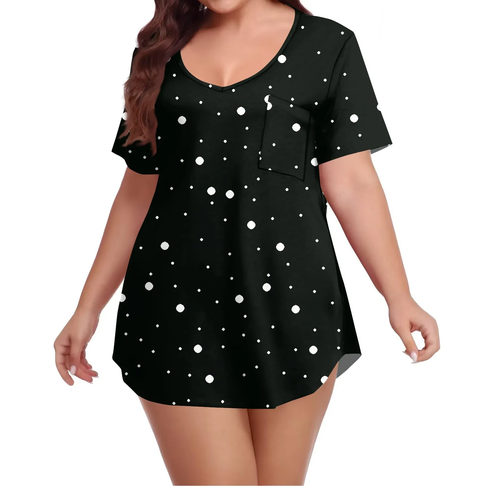 Plus size v-neck short-sleeved T-shirt women's fashionable retro polka dot print top summer loose plus sized t shirts top