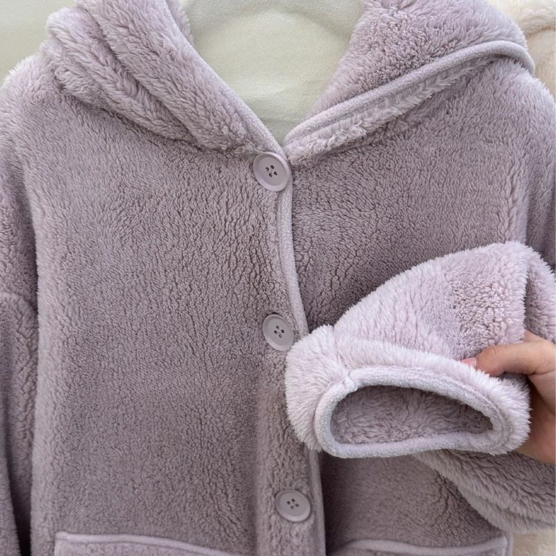 Thickened Coral Fleece Nightgown Hooded Large Pocket Cardigan Robe Loose Oversize Mid-Length Warm Pajamas Home Clothes Women