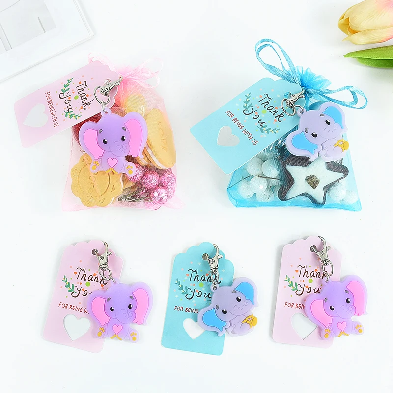 

10Sets Blue Pink Elephant Keychains Organza Bags With Thank You Tags Baby Shower Souvenirs Gifts Bags Birthday Party Decorations