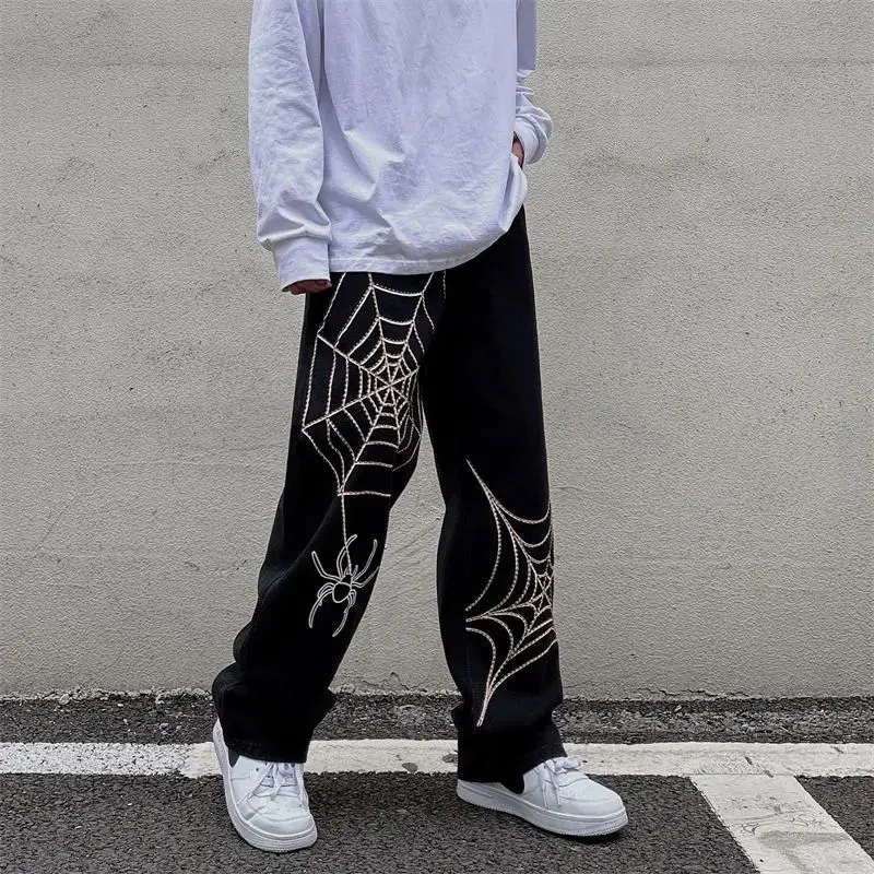 Streetwear preto y2k calças largas dos homens anime perna larga sweatpants masculino oversize techwear impressão calças retas 2023 novo