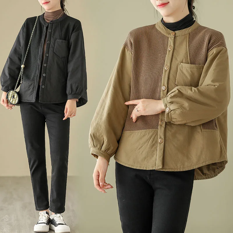 

Retro Splicing Cotton Jaet Women's Loose Slim ort Pure Color Outerwear Street Sle Long Sve Stand Collar Button up