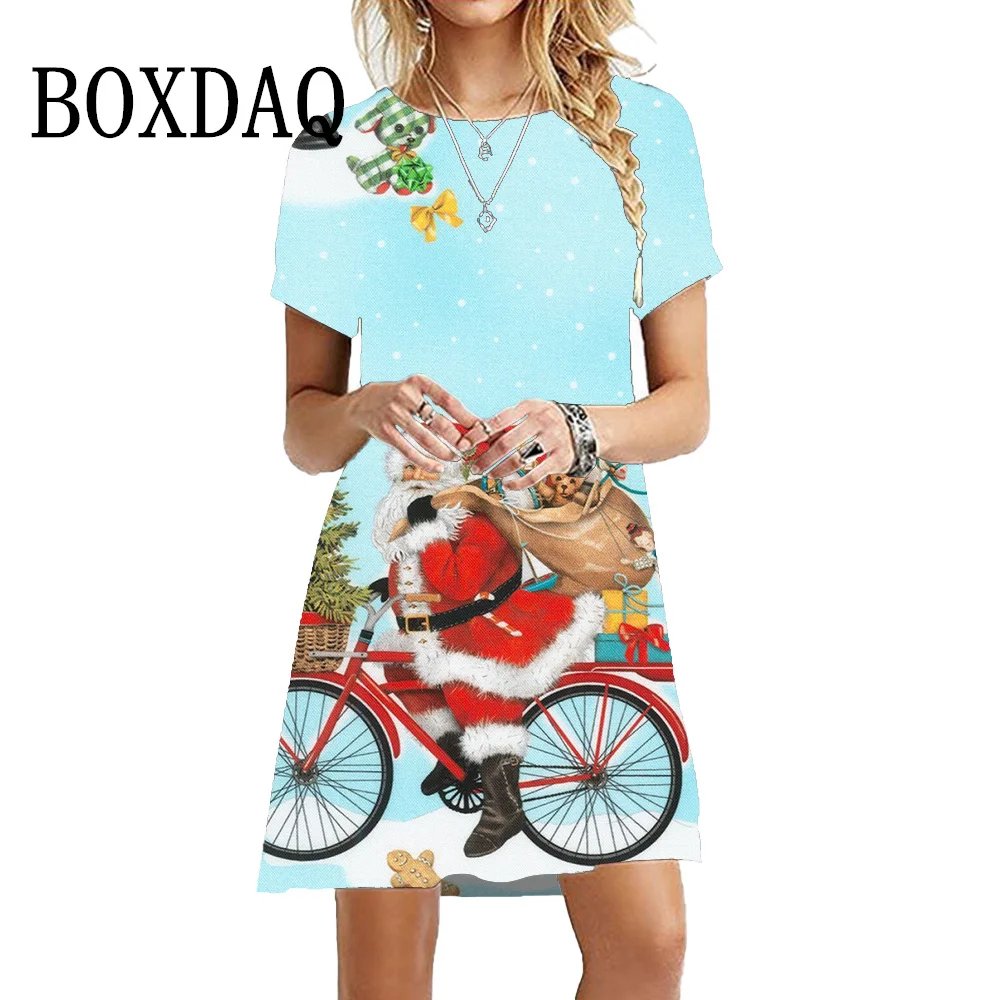 Santa Claus Print Dress Christmas Cat Women Short Sleeve Dress Winter Casual Cute A-Line Party Dresses Loose Plus Size Clothes