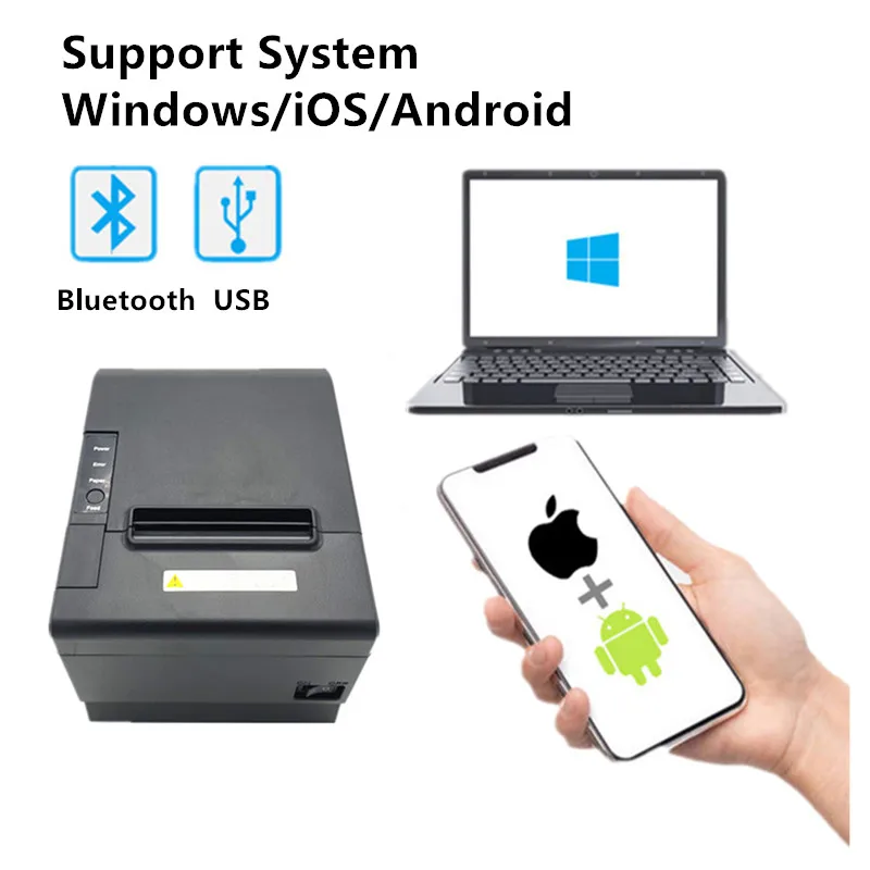 

80mm Thermal Receipt Printer with Auto Cutter Support Cash Box Restaurant Retail Cashier Ledger USB Bluetooth POS Printer