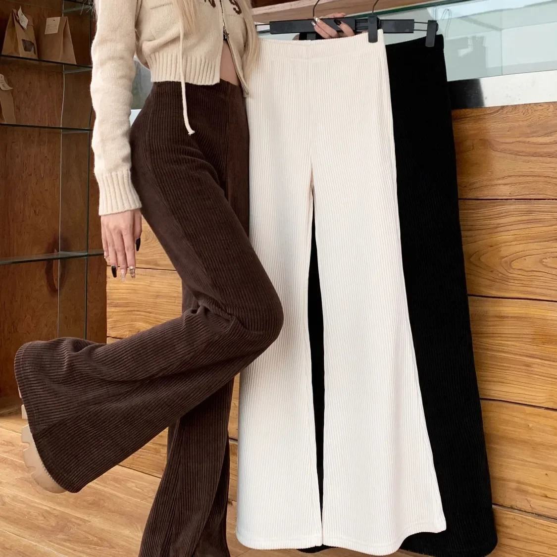 Corduroy Draped Suit Women's Vintage High-Waisted Slimming Casual Trousers New Style Autumn/Winter 2023 Elbow-Length Pants