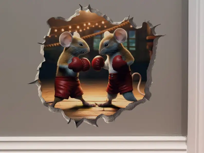 Boxing Mice in Mouse Hole Decal - Mouse Hole 3D Wall Sticker