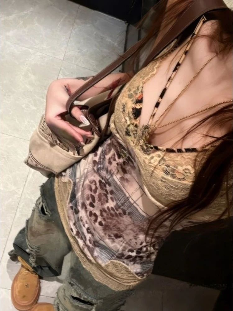 خمر ليوبارد الطباعة الشارع الشهير الدبابات المرأة مثير المرقعة الدانتيل سليم صالح بروتيل الصيف Harajuku Y2k الجمالية تانك القمم #2