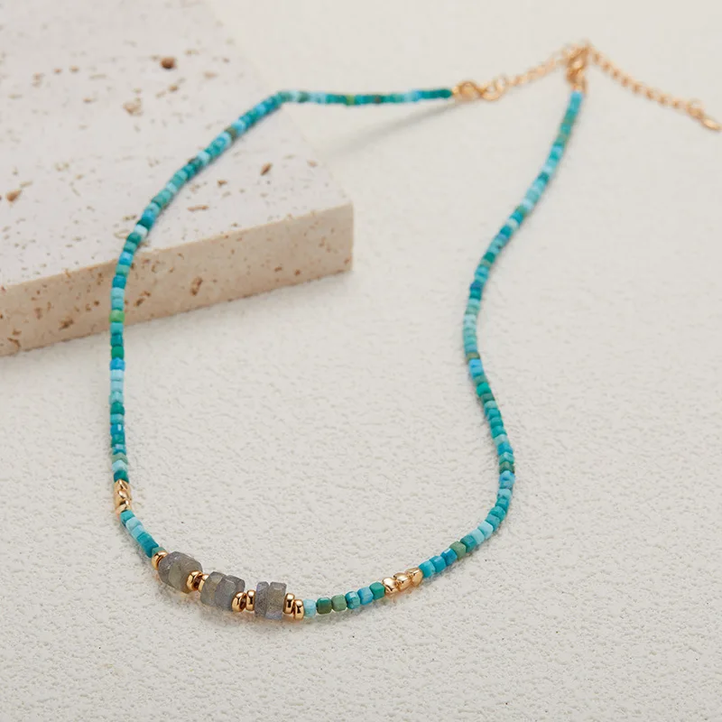 

Live Streaming Niche Design ModelS925Pure Silver Natural Turquoise Labradorite Gemstone Beaded Necklace for Women Versatile Coll