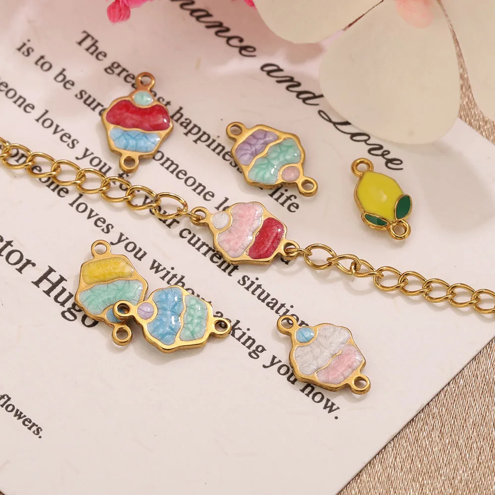 5/20pcs Gold Plated Enamel Connector Charms Stainless Steel Colorful Double Hole Link for DIY Necklace Bracelet Jewelry Making