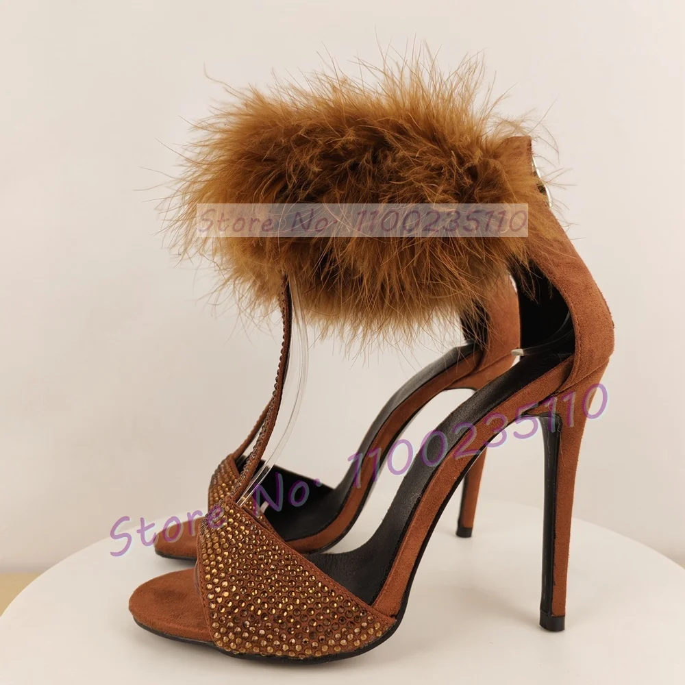 

Chocolate Rhinestone T Strap Sandals Women Trendy Real Turkey Feather Ankle Strap Luxury Shoes Glittery Party High Heels Sandals