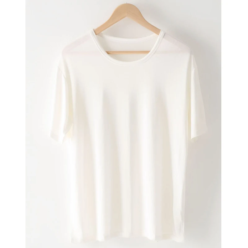 Birdtree 100%Real Silk T-shirt, Men Knitted Tops Comfortable Tee, Loose Casual O Neck Cultural Pure Color Man Pullover T37203QC