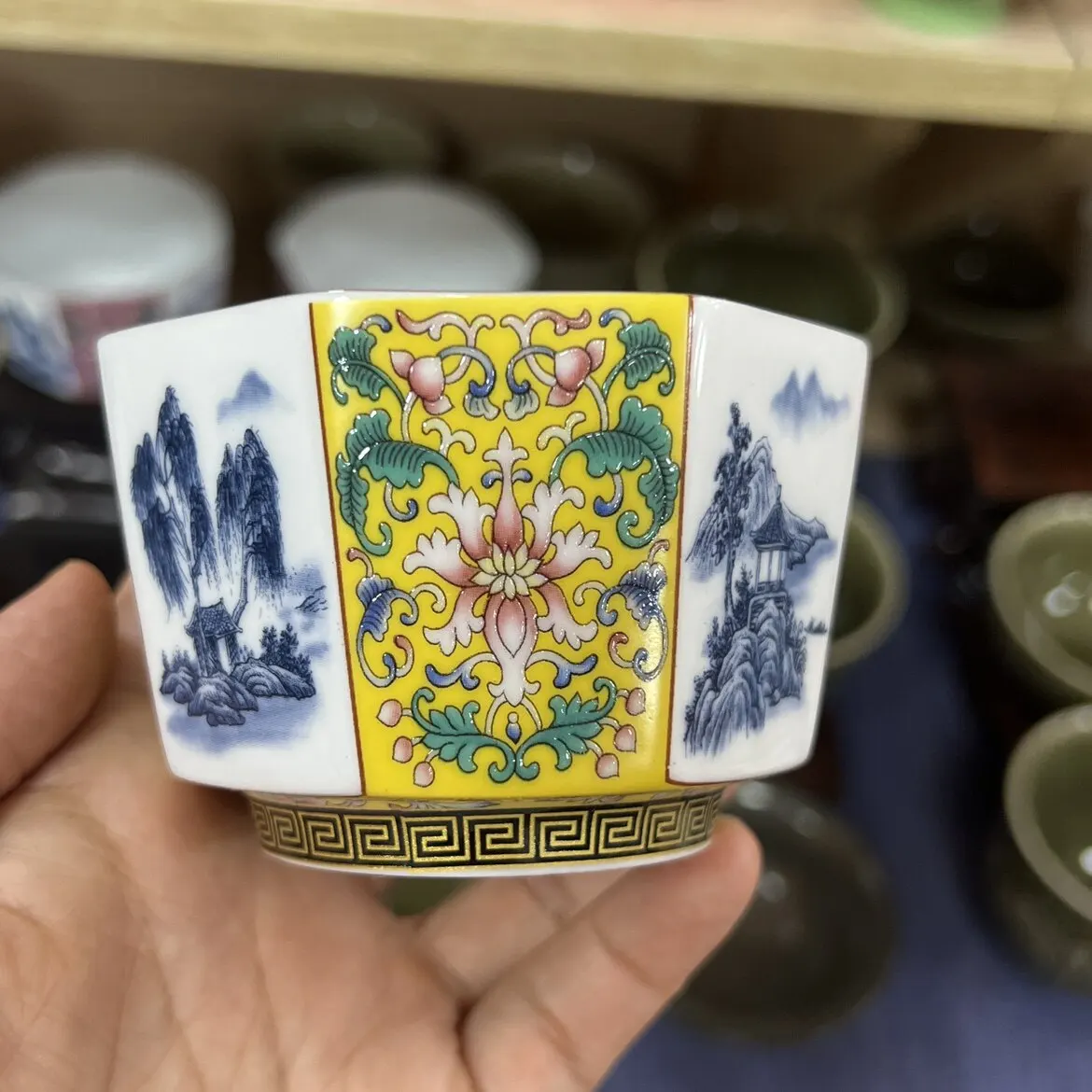 Enamel Color Hexagonal Cup Jingdezhen Ceramic Fake Antique Blue and White Window Cup Manual Painting Golden Cup Single Cup