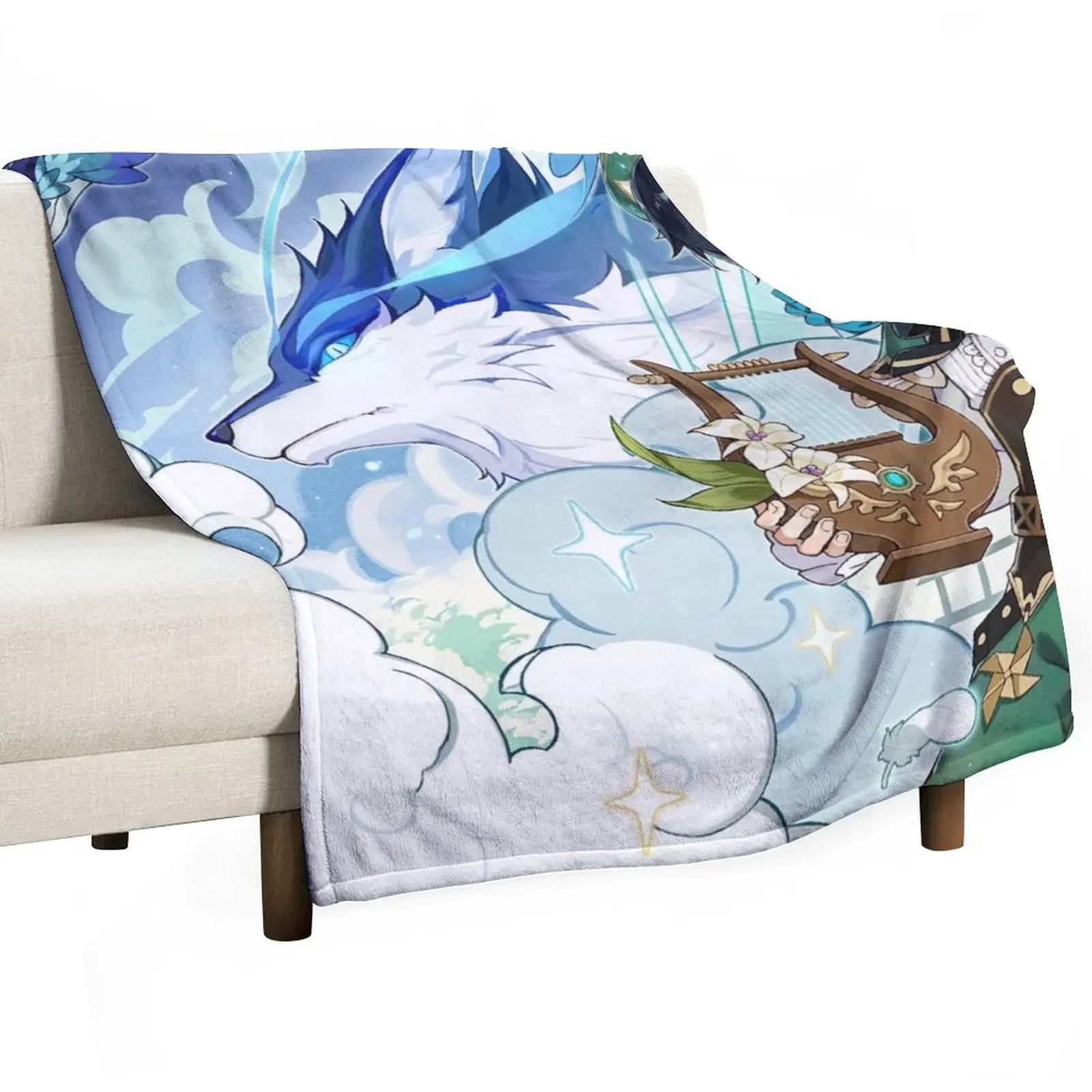 Genshin Impact - Venti, Dvalin and Wolf of The North Official Artwork Throw Blanket Designers Comforter Blankets