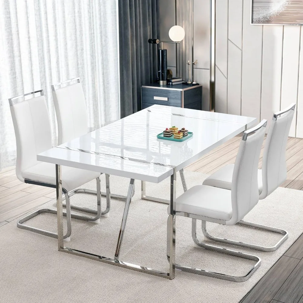 5 Piece Dining Room Set, White Rectangular MDF Kitchen Table and Leather Chairs Set of 4, Dining Room Set