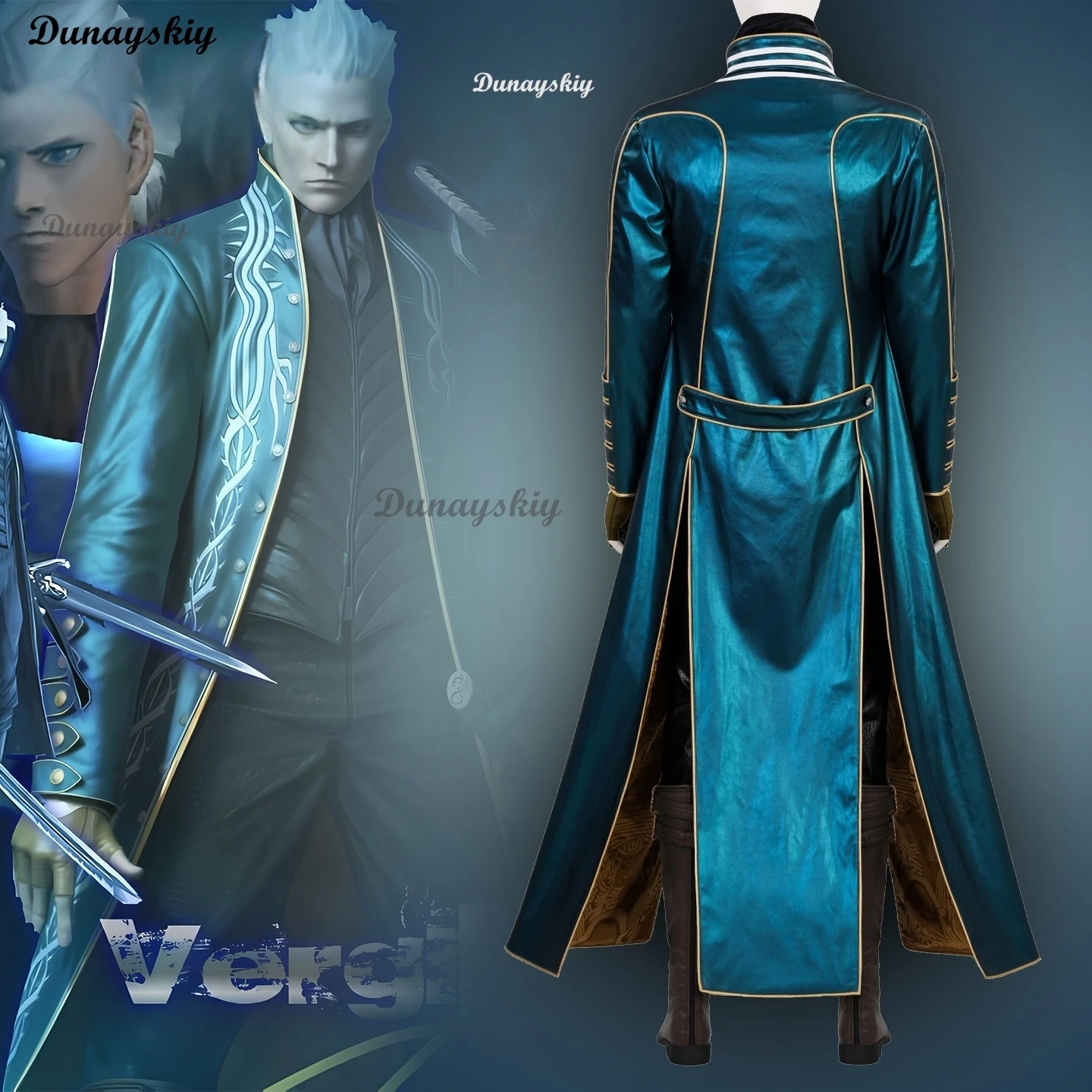 لعبة D5 أزياء فيرجيل التأثيرية نيلو كاملة MC الزي الأخضر معطف الهالوين فيرجيل شعر مستعار تأثيري كرنفال الرجال البدلة سترة سترة