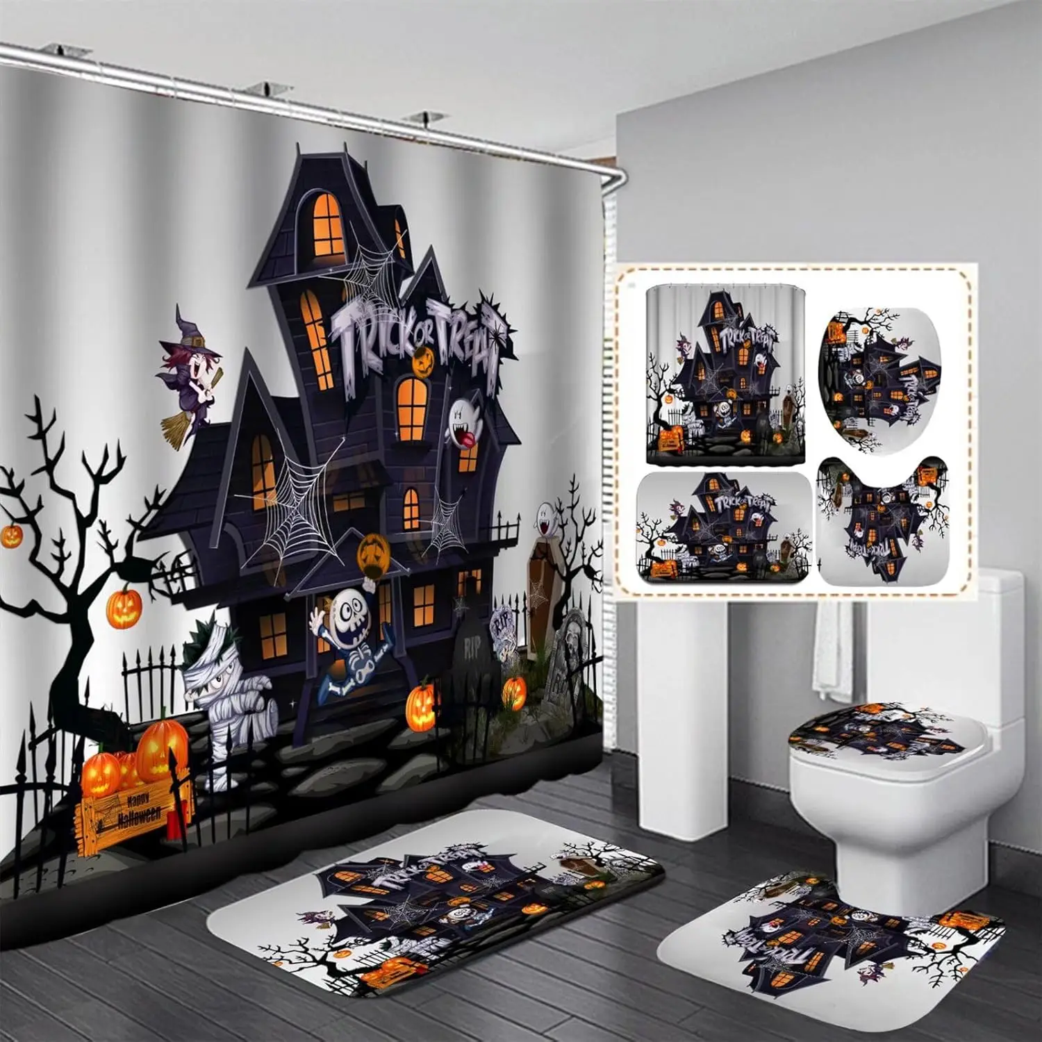 Halloween Shower Curtain Sets Haunted House Pumpkin Shower Curtains with 12 Hooks, Bathroom Decor Sets with Curtain and Rugs