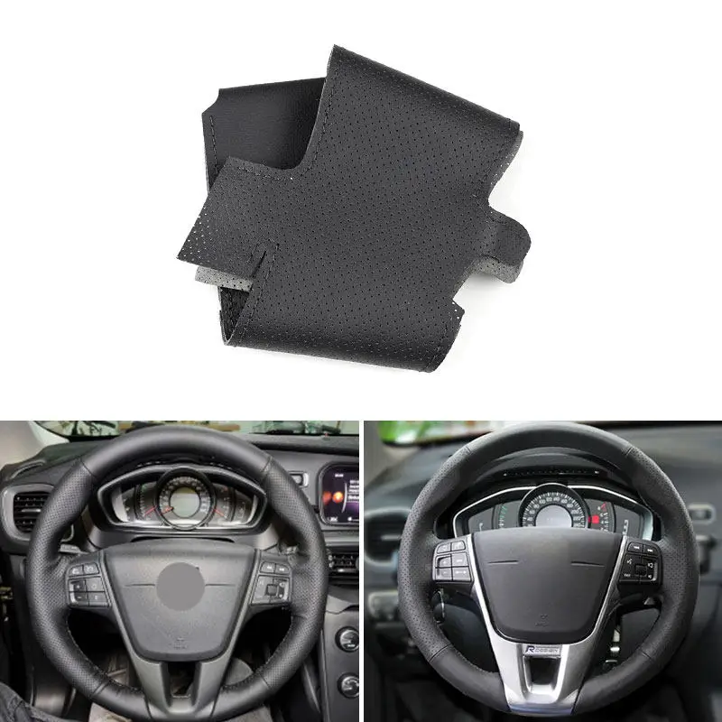 Braids on Steering Wheel For Volvo V40 2014 XC60 S60 LV60 S80L Car Steering Wheel Hand Stitched Perforated Black Leather Cover