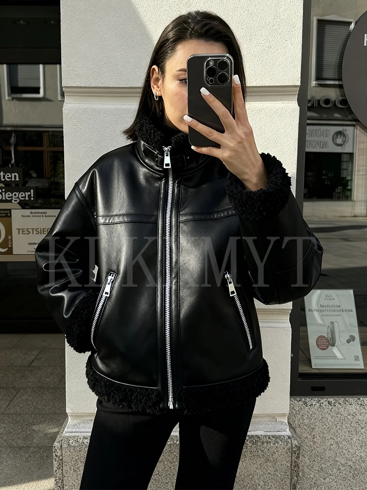 

Chic Fashion Faux Leather Jackets for Women Zipper Long Sleeve Female Fleece Short Coats 2025 Winter Lady Casual New Outerwear ﻿