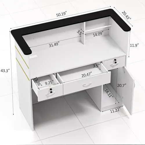 Reception Desk with Counter, Modern Front Table Equipped Lockers & Storage Shelves, 50-inch Checkout Counter with LED