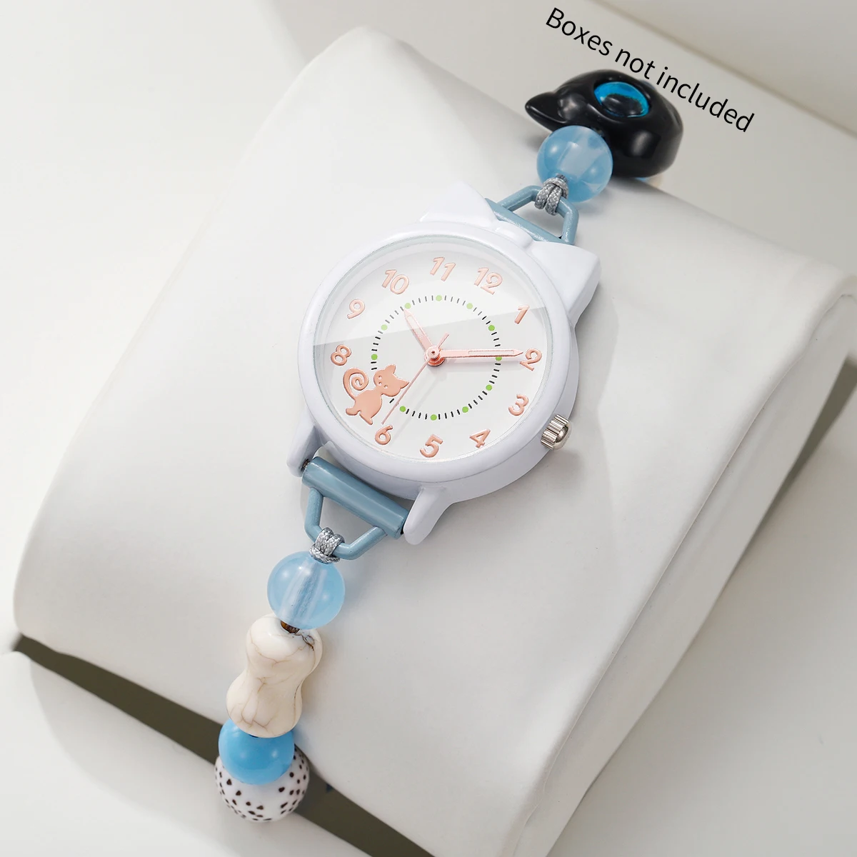 Cute Cat Pattern Dial Women Quartz Watch Adjustable Beaded Bracelet Wristwatches Relogio Feminino Students Clock (Without Box)