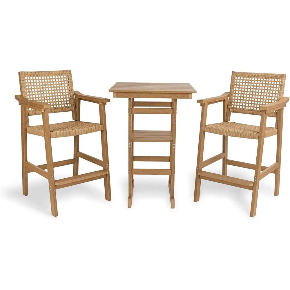 

Weatherproof Teak-Tone 3-Piece Outdoor Bar Set with HIPS and PE Rattan, Ideal for Patio, Pool, Garden, Yard, Balcony