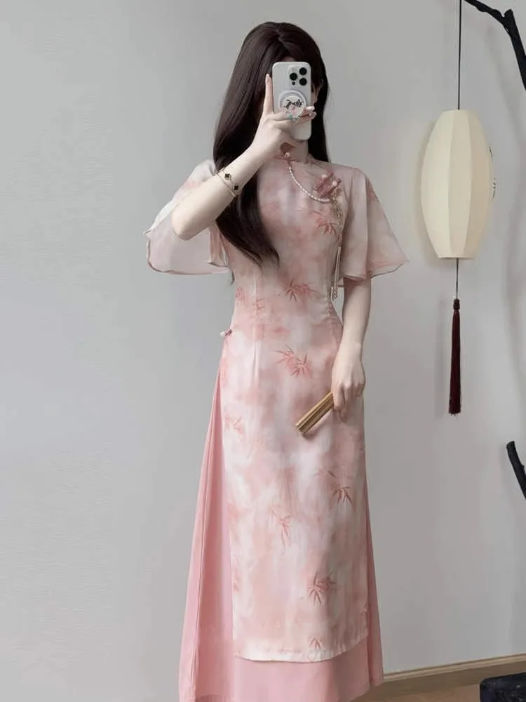 

Ele Pink Dr Young Sle Artistic Chinese Sle Long Qipao ort Sve Daily Wear New Summer Collection