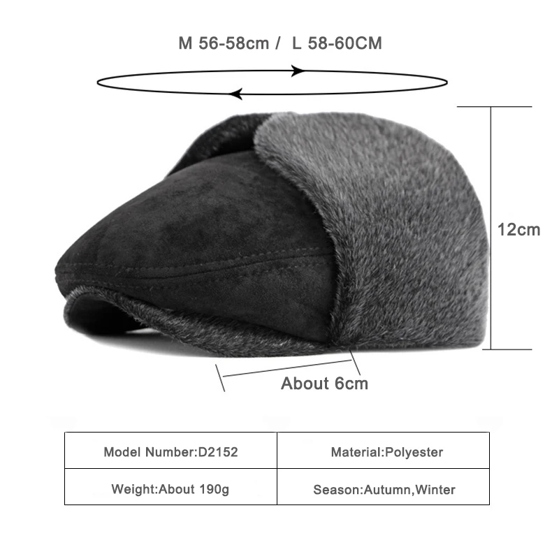 Winter Men's Cap Plush Thicken Berets Hat With Ear flap Duckbill Newsboy Middle Aged Elderly Herringbone Flat Peaked Hat Male - Image 6