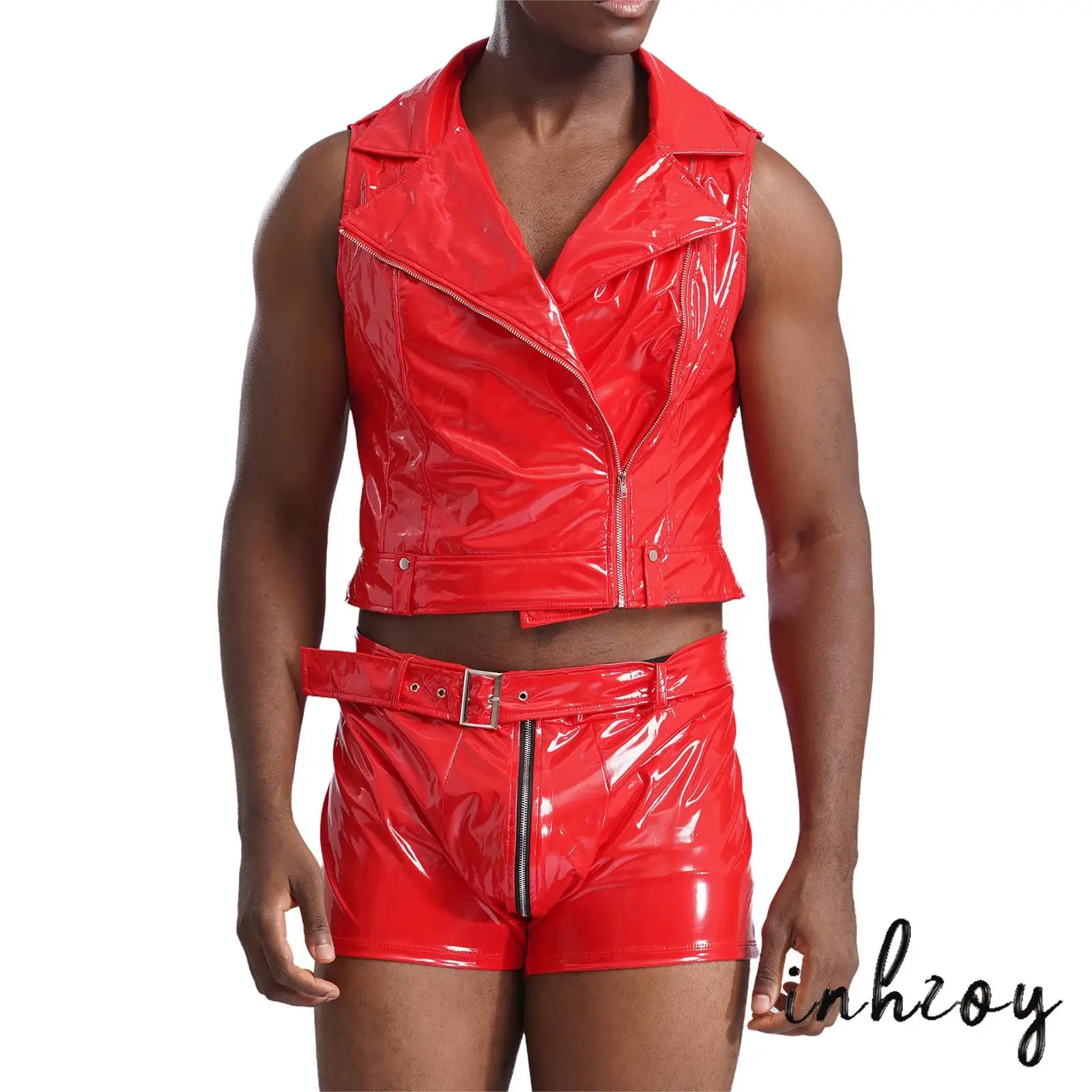 

Gay Mens Wet Look Patent Leather Clubwear Sleeveless Front Zipper Tank Top Zipper Boxer Shorts Waist Belt for Raves Party Bar