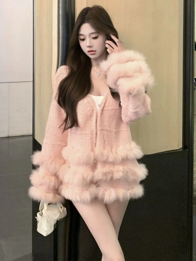 

Korean Fashion Sweet Knit Cardigan Women Soft Plush Lace Patchwork Long Sleeve Sweater Harajuku Slim Elegant Cozy Outfits Winter