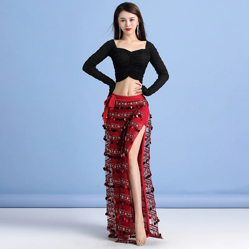 

Sexy Lady Belly Dance Costumes Elegant Long Sleeve Tops Shining Sequins Slit Skirt Belly Dance Practice Performance Costume