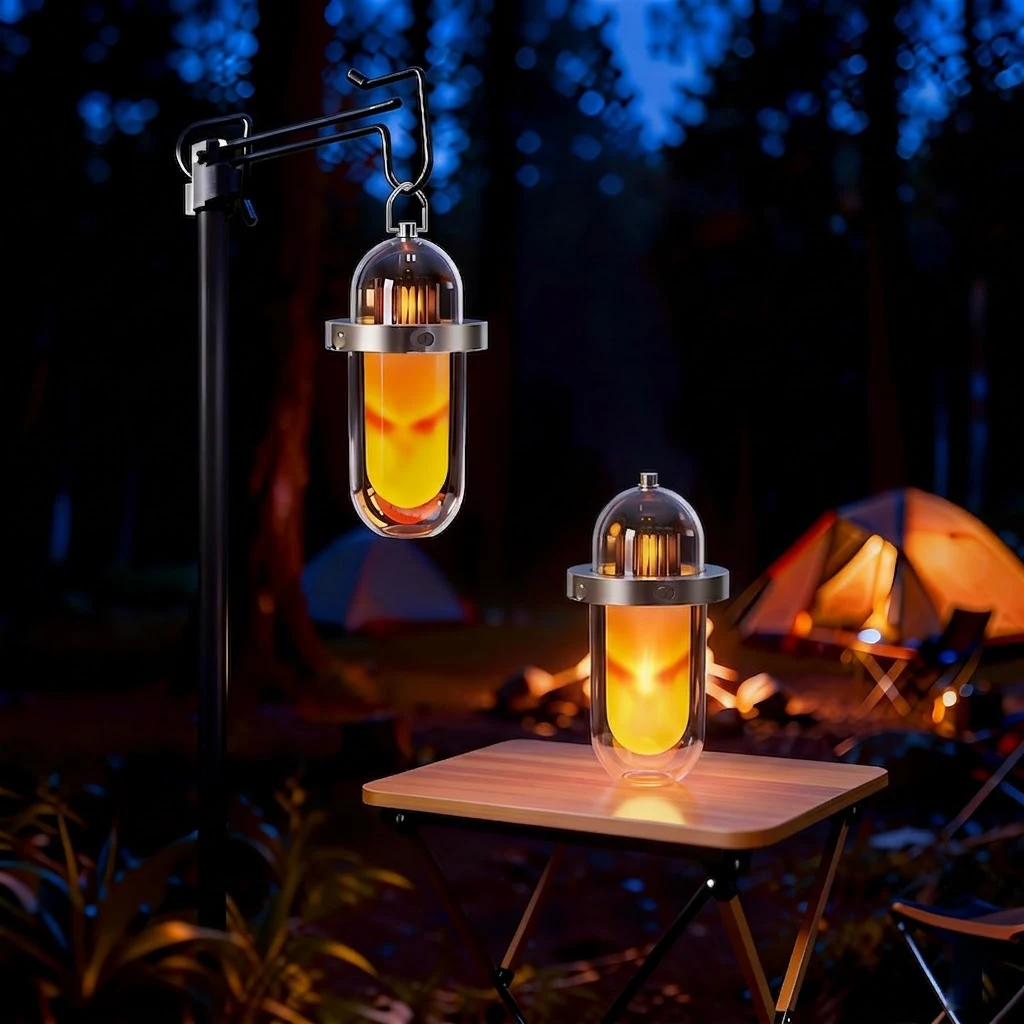 SCKDAY Retro Camping Lantern Simulated Flame LED Tent Light Type-C Rechargeable Waterproof Emergency Lamp for Hiking Fishing