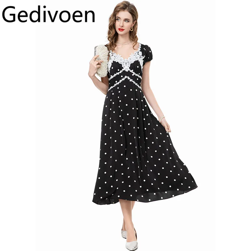 

Gedivoen V-neck Water Soluble Flower Bubble Sleeve Short Sleeve Wave Dot Elegant Black Dress 2025 Summer New Style
