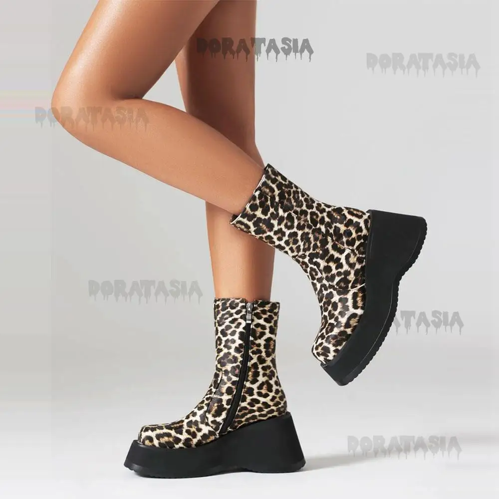 Leopard Platform Wome Boots Thick High Heels Round Toe Platform Ankle Shoes Punk Goth Fashion Luxury Casual Comfy 2023 New Boots