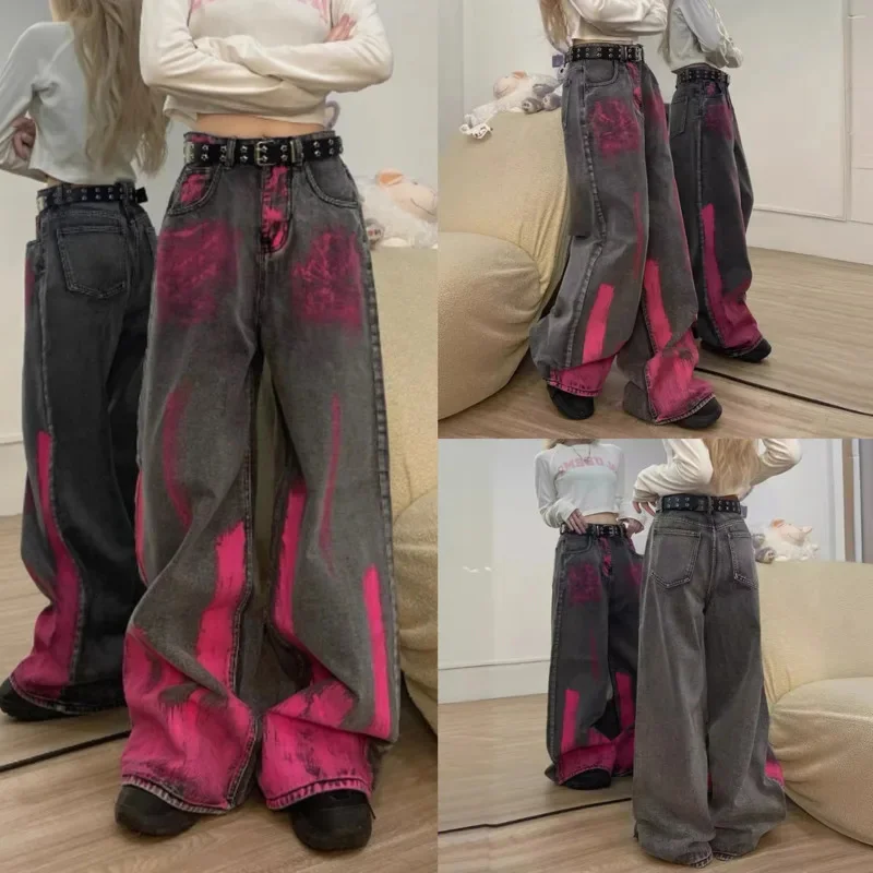 

Hip Hop Retro Graffiti Loose Jeans Summer Casual Versatile Button Y2K Wide Legged Pants Personalized Street Color Contrast Pants