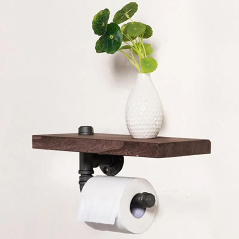 Versatile Toilet Paper Holder Black Box Wood Material Wall Hanging No Punching Bathroom Product Iron Tissue Shelves Metal