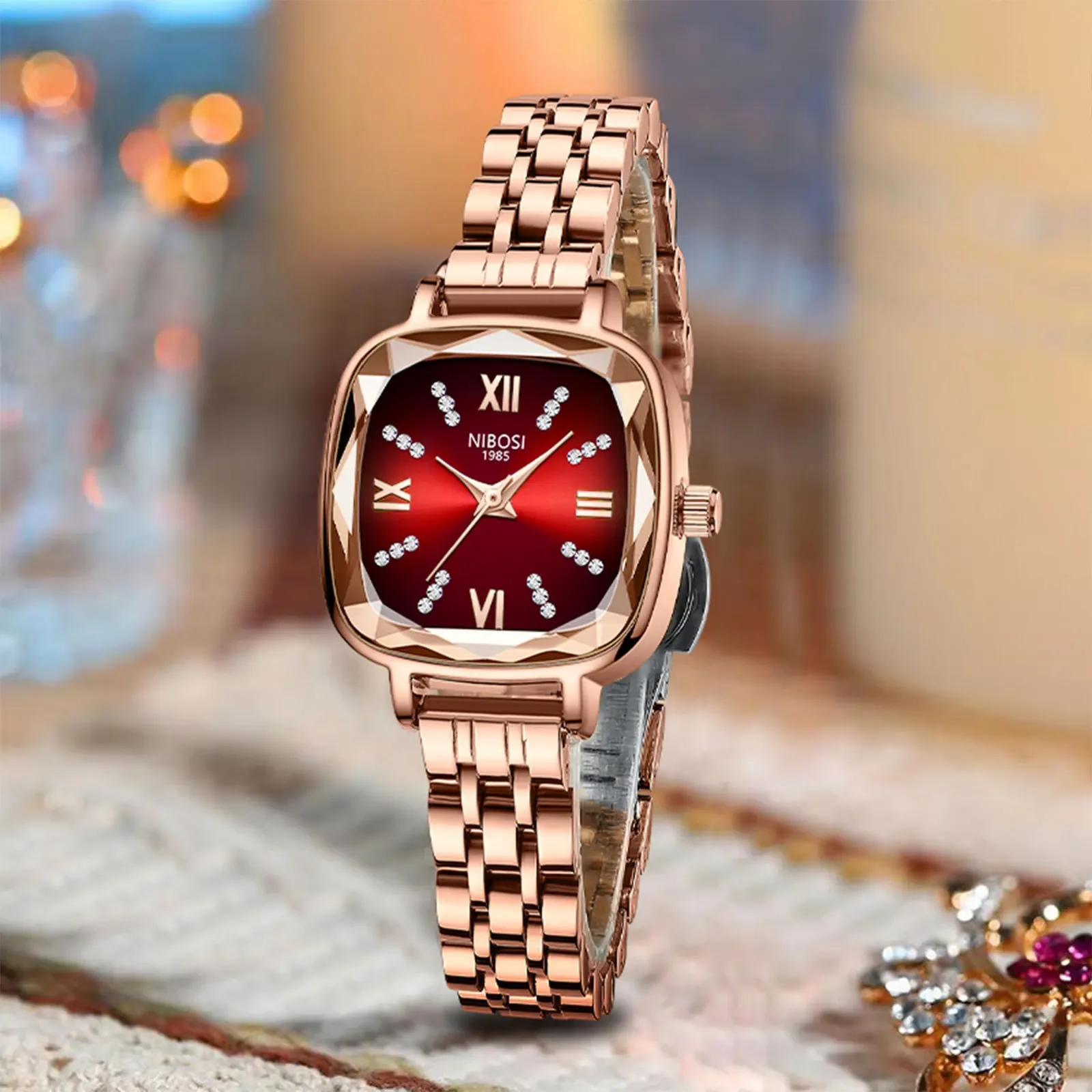 2PCS NIBOSI Women Wristwatches Waterproof Top Brand Ladies Watch Diamond Decor Rectangle Quartz Women's Watches Female Reloj
