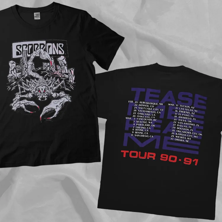 

Scorpions Band Tease Me Please Me 1990 1991 Tour Black 2 Sided T-Shirt Cotton Al