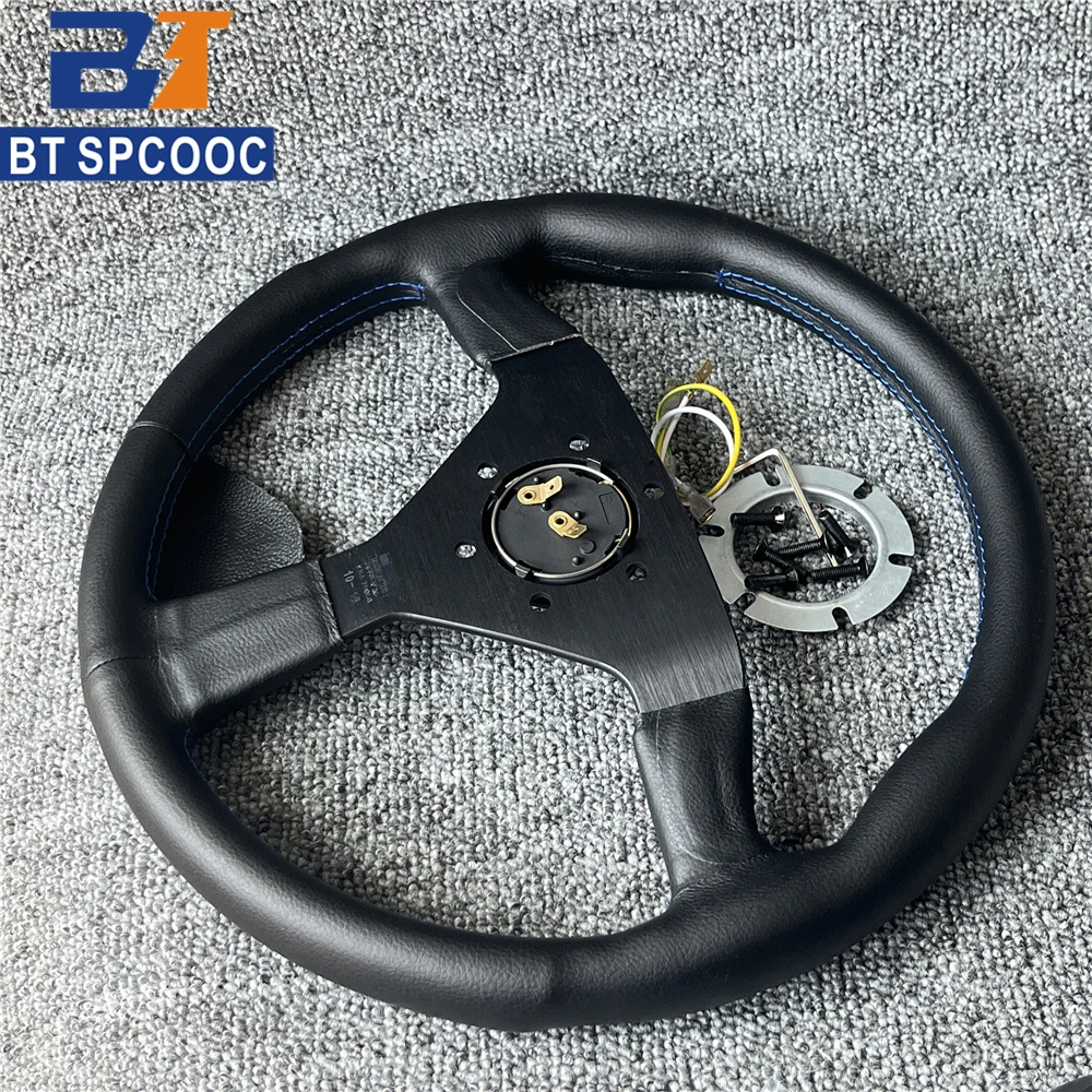 Blue Yellow Stitching Italy Style V1 Steering Wheel Real Leather 14inch 350mm Flat Italy Back Engraving Racing Street Sport
