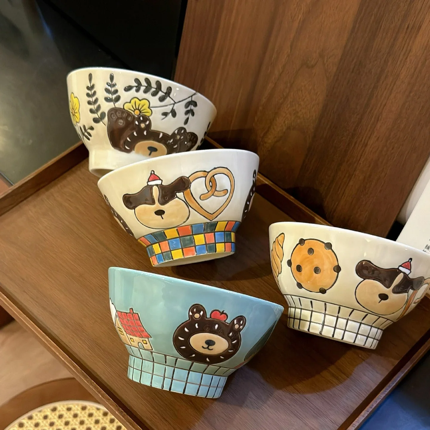 Cute Bear Hand Painted Underglaze High Temp Ceramic Bowl Rice Noodle Bowl Couple Set Anti Scald