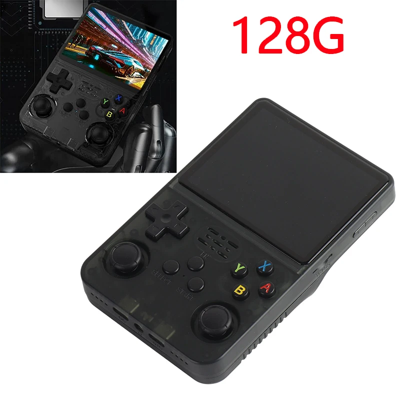 128G Handheld Retro Game Console 3000mAh Support OTG USB C 3.5inch Screen Retro Game Console Transparent Black for Two Players