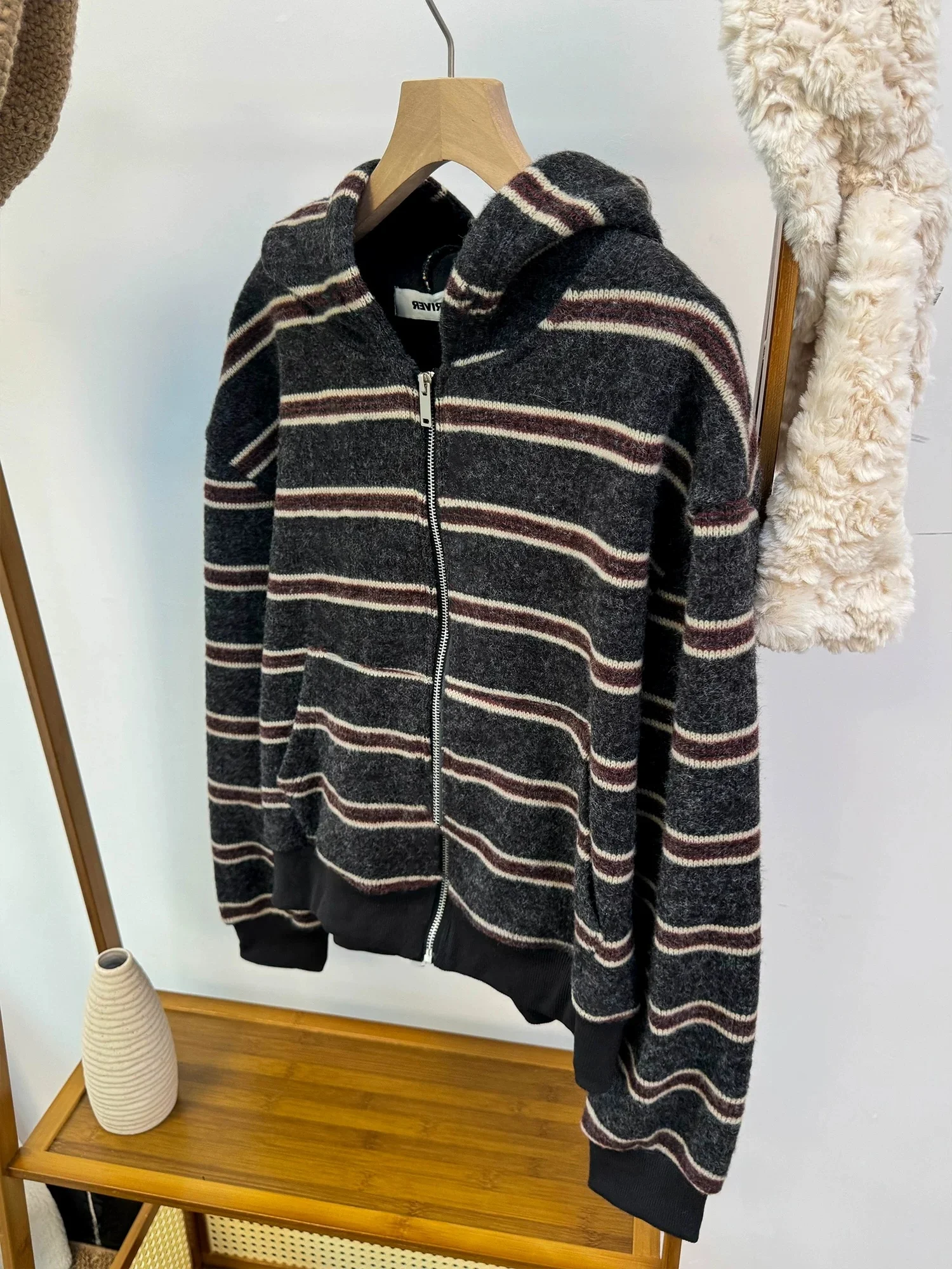 

Retro Casual Sle Color Blo Striped Loose Fit Hoodie Women's Autumn Winter Thi Warm Open Cardigan Outerwear Knitted Sweater