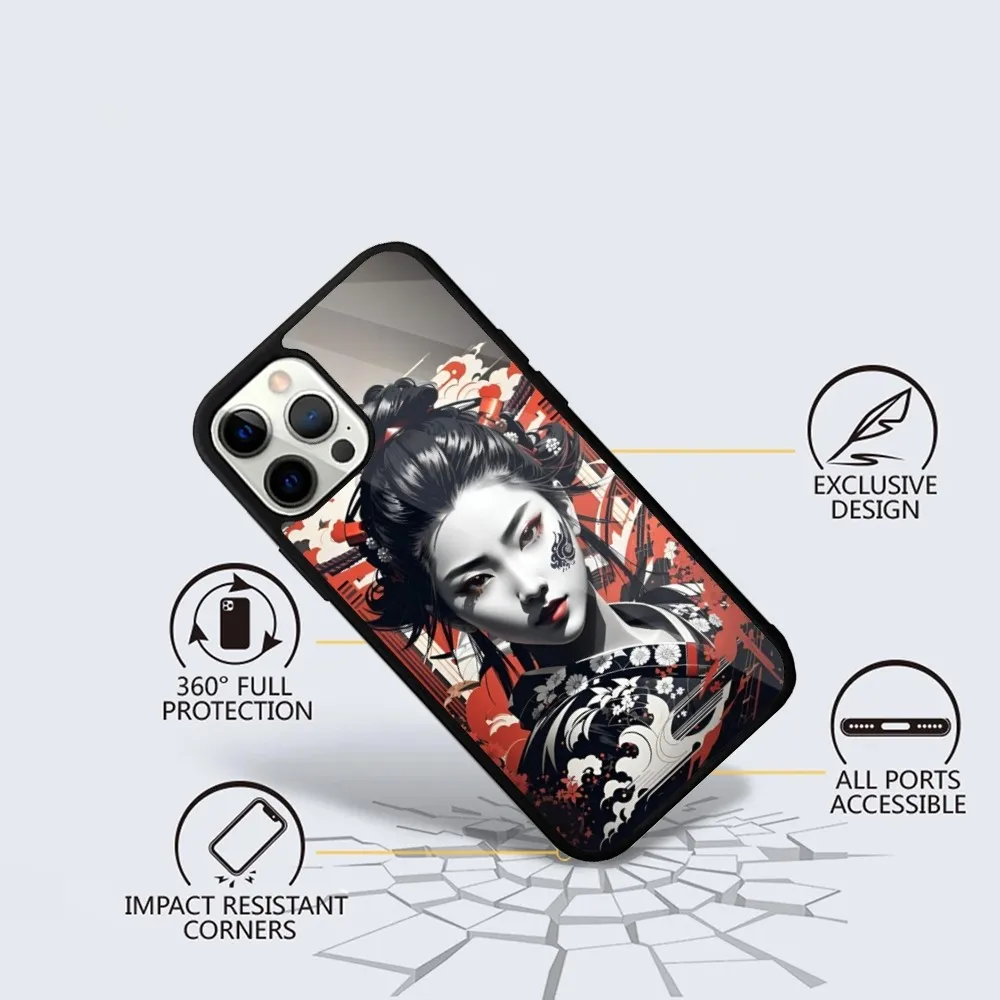 Samurai Warrior Geisha Phone Case For iPhone 15,14,13,12,11,Plus,Pro,Max Mini Magsafe Magnetic Wireless Charging