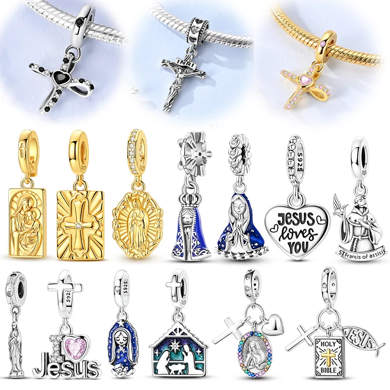 

925 Sterling Silver Charm Beads Love Jesus Cross Pendant For Original Bracelet Women DIY Gift