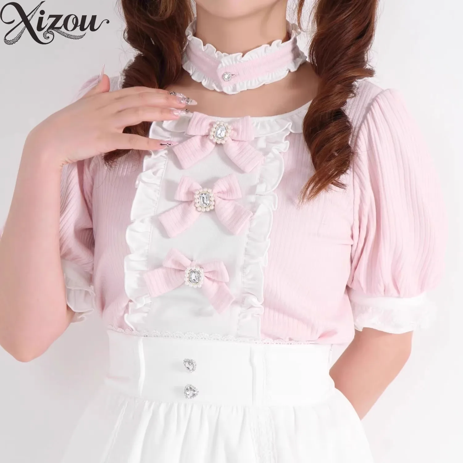 

Японские футболки Sweet Cute Heavy Craft Bubble с короткими рукавами, универсальная футболка с круглым вырезом и бантом, эластичные футболки для женщин, лето