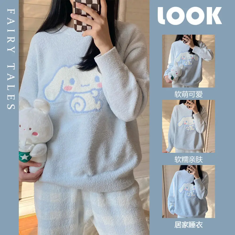 

Kawaii Cinnamoroll пижамный комплект Sanrio с героями мультфильмов, женская вязаная плюшевая домашняя одежда, аниме, коралловый флис, милые утепленные топы для девочек, брюки