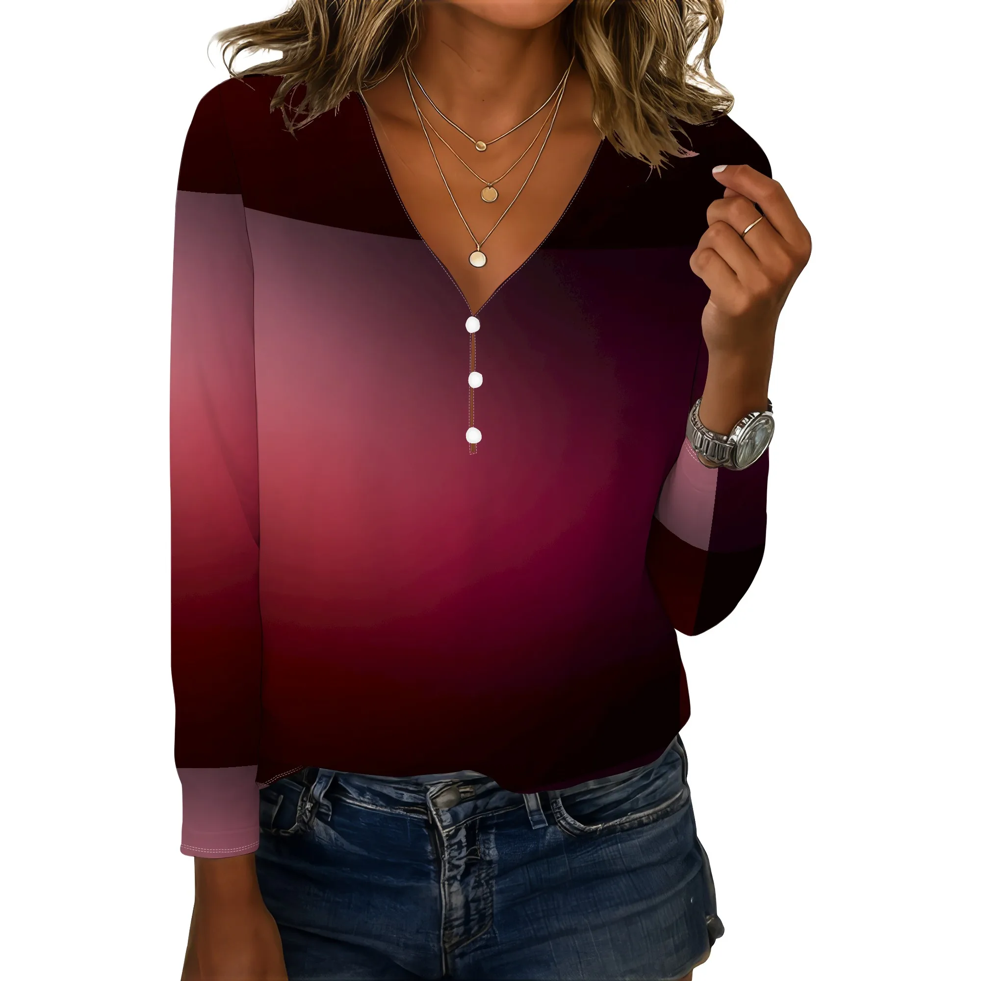 

Long Sleeve V-Neck Shirts for Women Fashion Button Gradient Color Pullover Tops Fall Winter Casual Comfy Floral Blouses