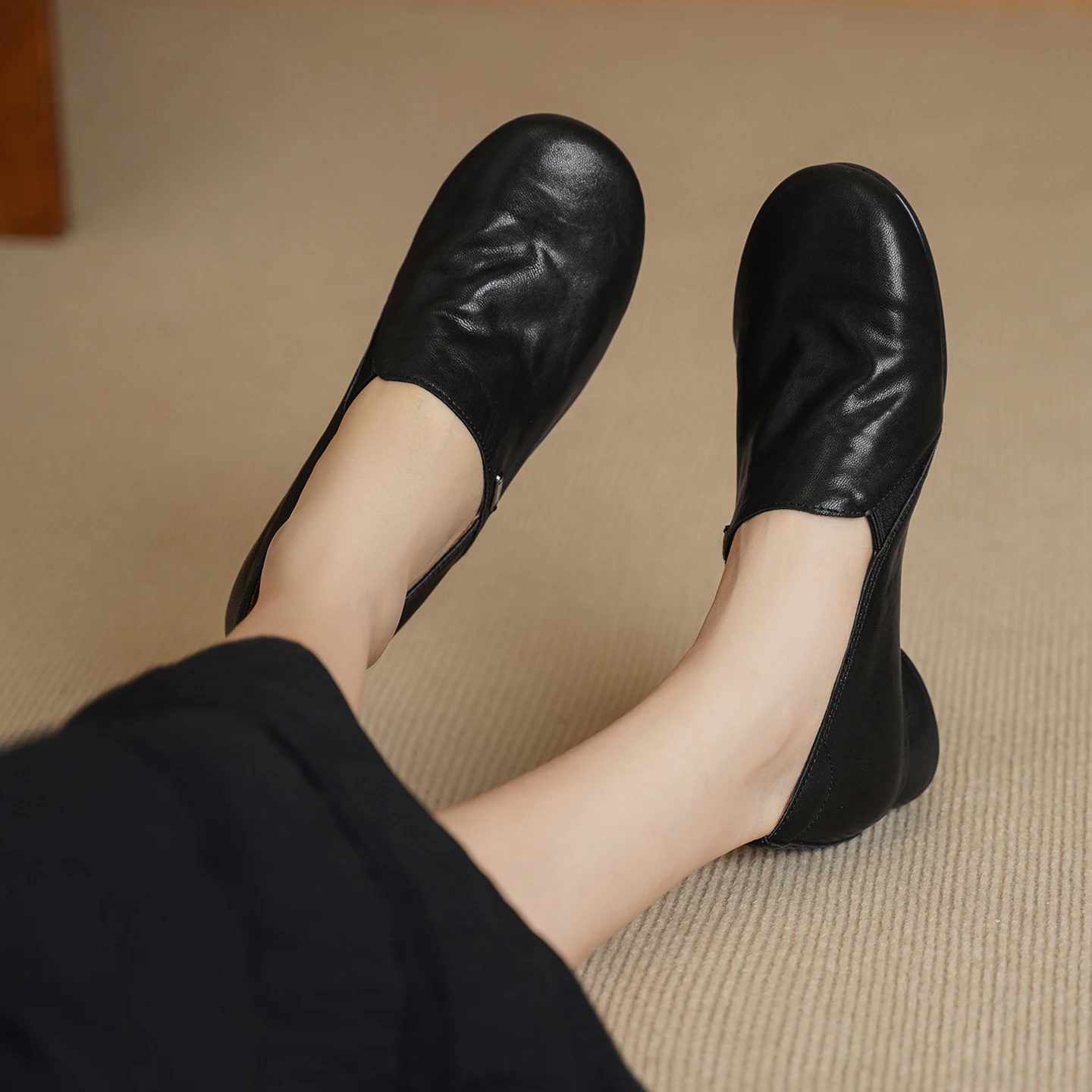 Women Spring Autumn Genuine Sheepskin Loafers Asymmetric Overlap Slip on Elastic Side Gore High Vamp Shoes Soft TPU Sole Pumps view 3