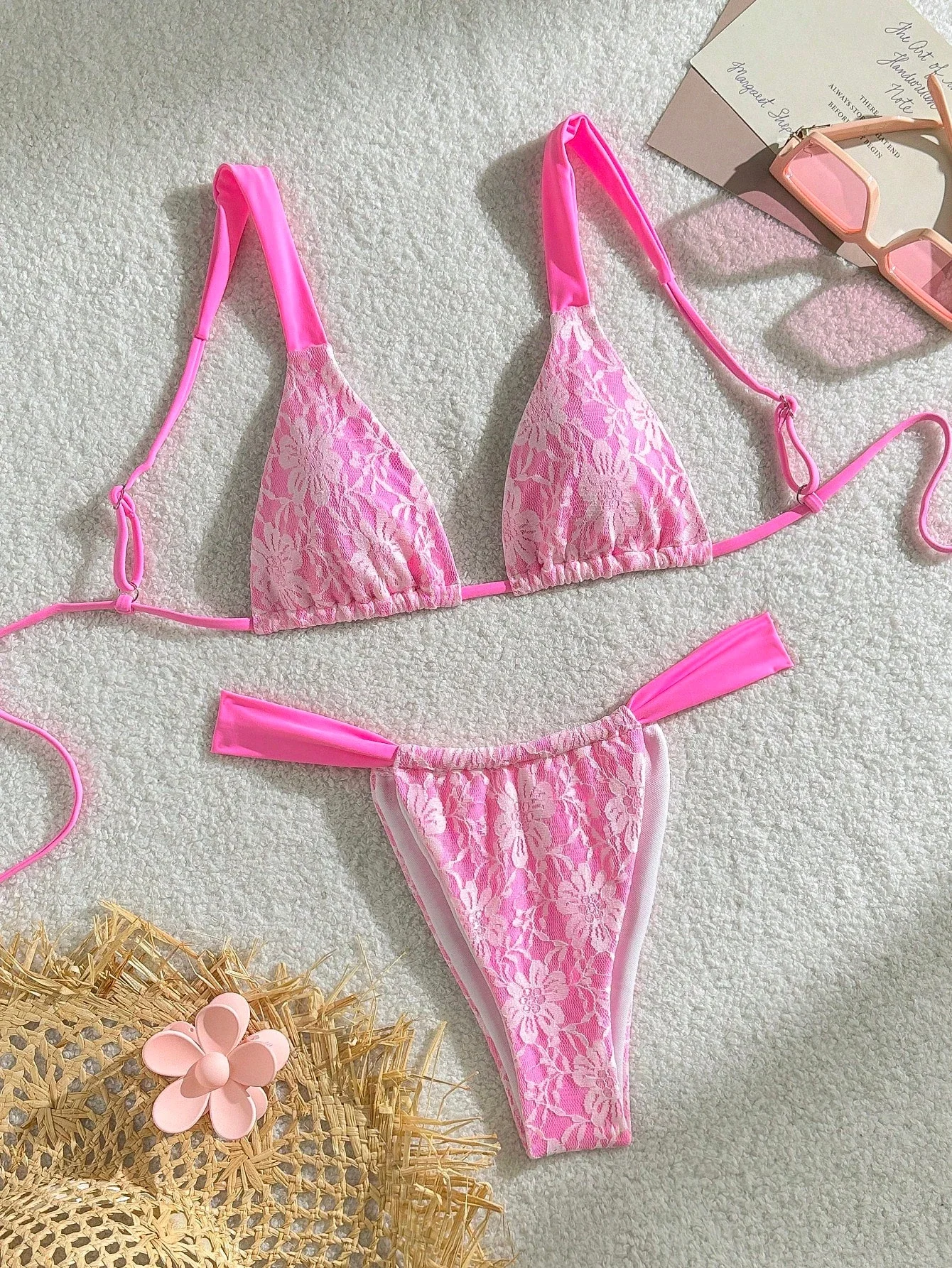 

Youth sexy swimsuit female beach vacation ins bikini pink size boobs gathered three-point hot spring