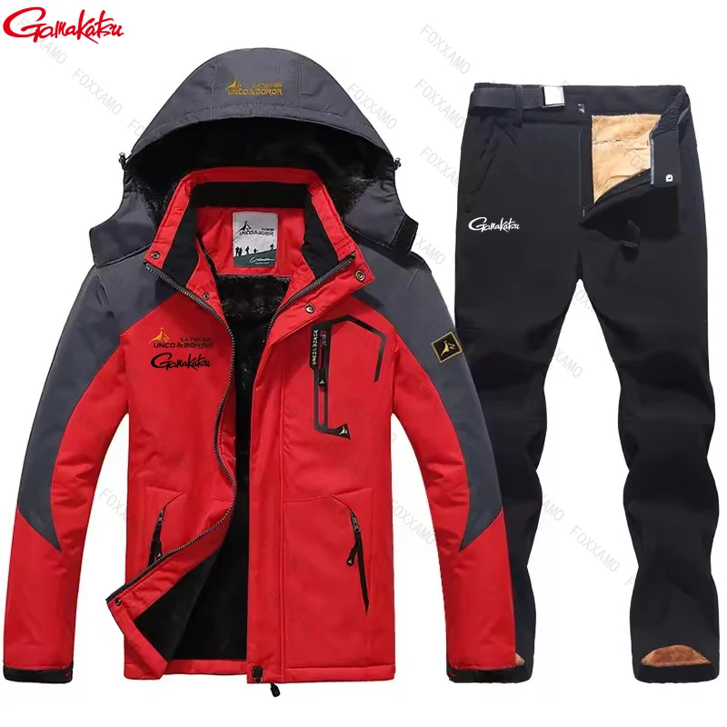 Fishing Men Winter Ski Suit Thickening Warm Waterproof Windproof Hooded Jacket and Pants Outdoor Hiking Climbing Snowboard Set