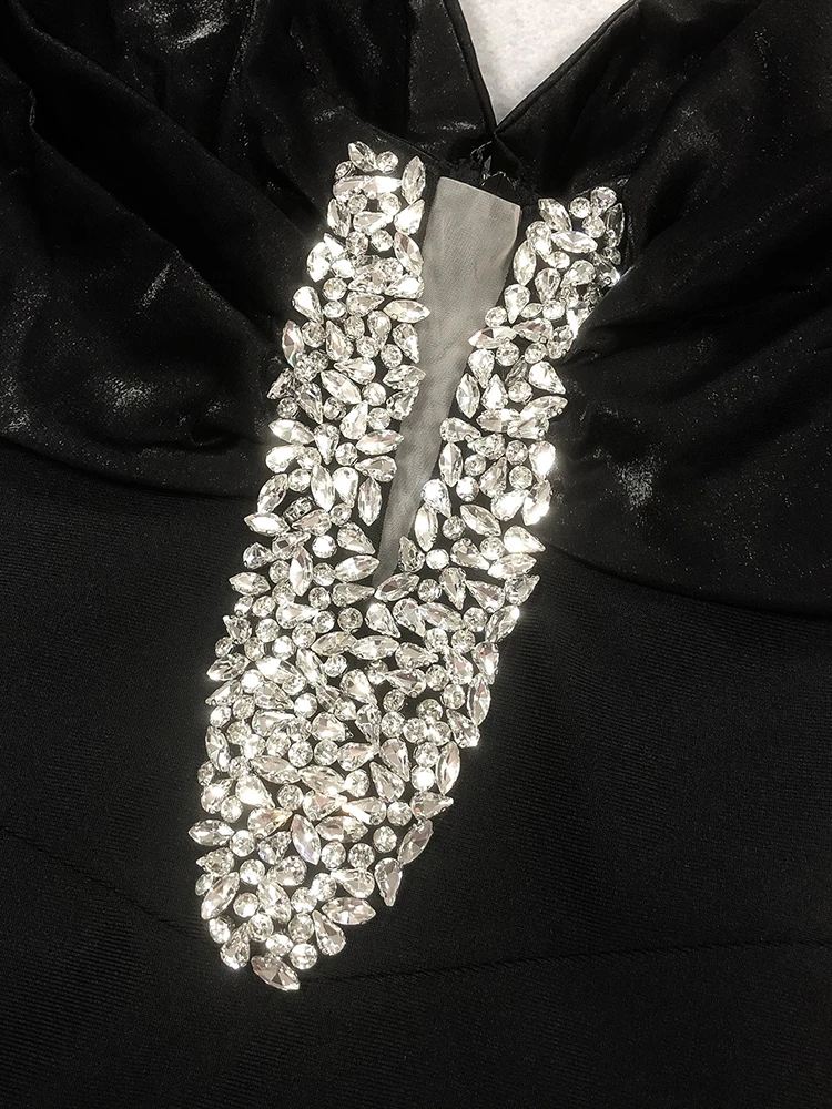 섹시한 오프숄더 다이아몬드 장식 롱 밴디지 드레스 여성용 블랙 반팔 크리스탈 바디콘 드레스 이브닝 파티 칵테일 가운